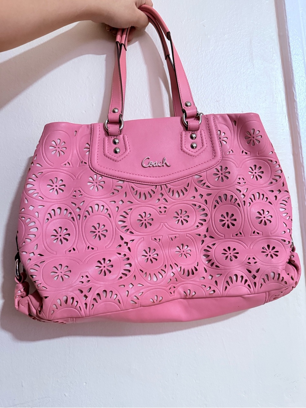 Coach Pink Floral Laser-Cut Leather Tote